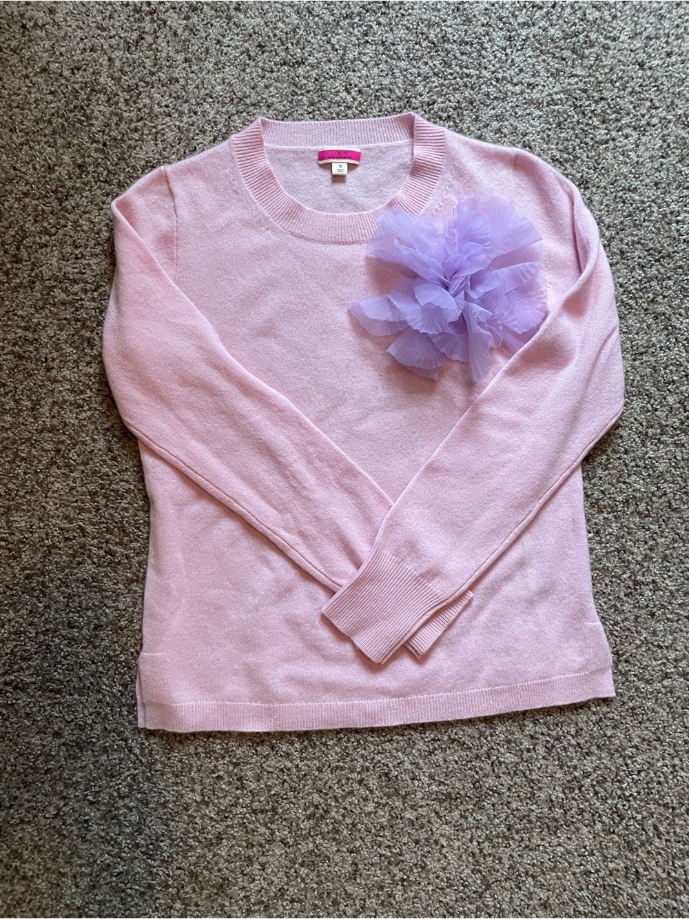 J. Crew Pastel Pink Cashmere Swearer with Lavender Tulle Flower